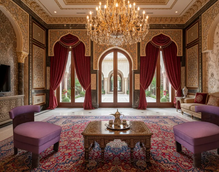 deux fauteuils violets dans un salon ancien orné avec une riche décoration