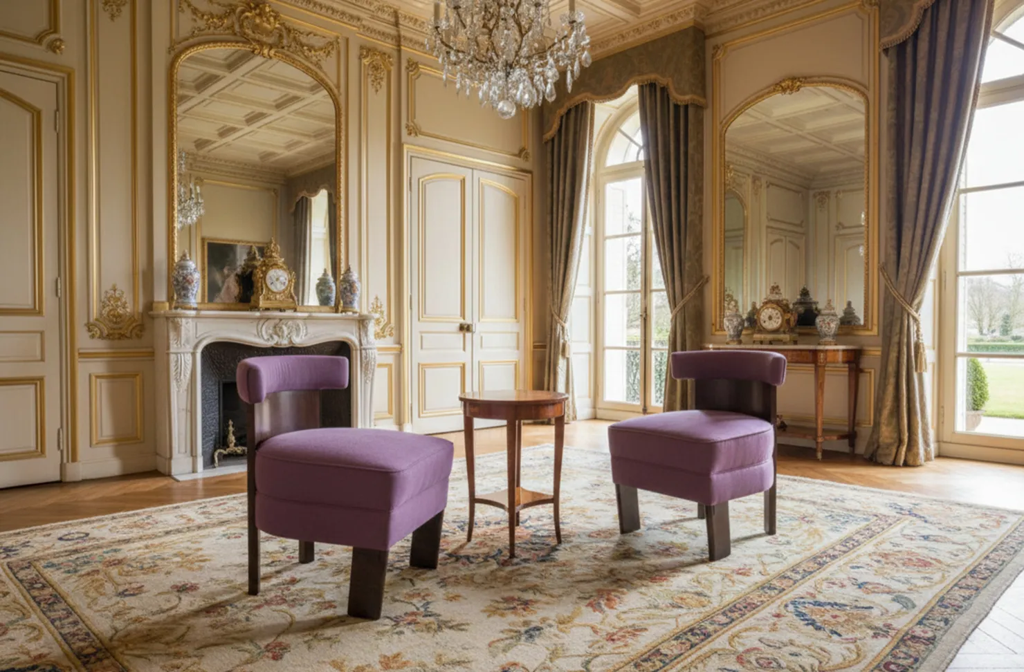 zwei antike lila Sessel, die auf eine Restaurierung in einem eleganten Ambiente warten.