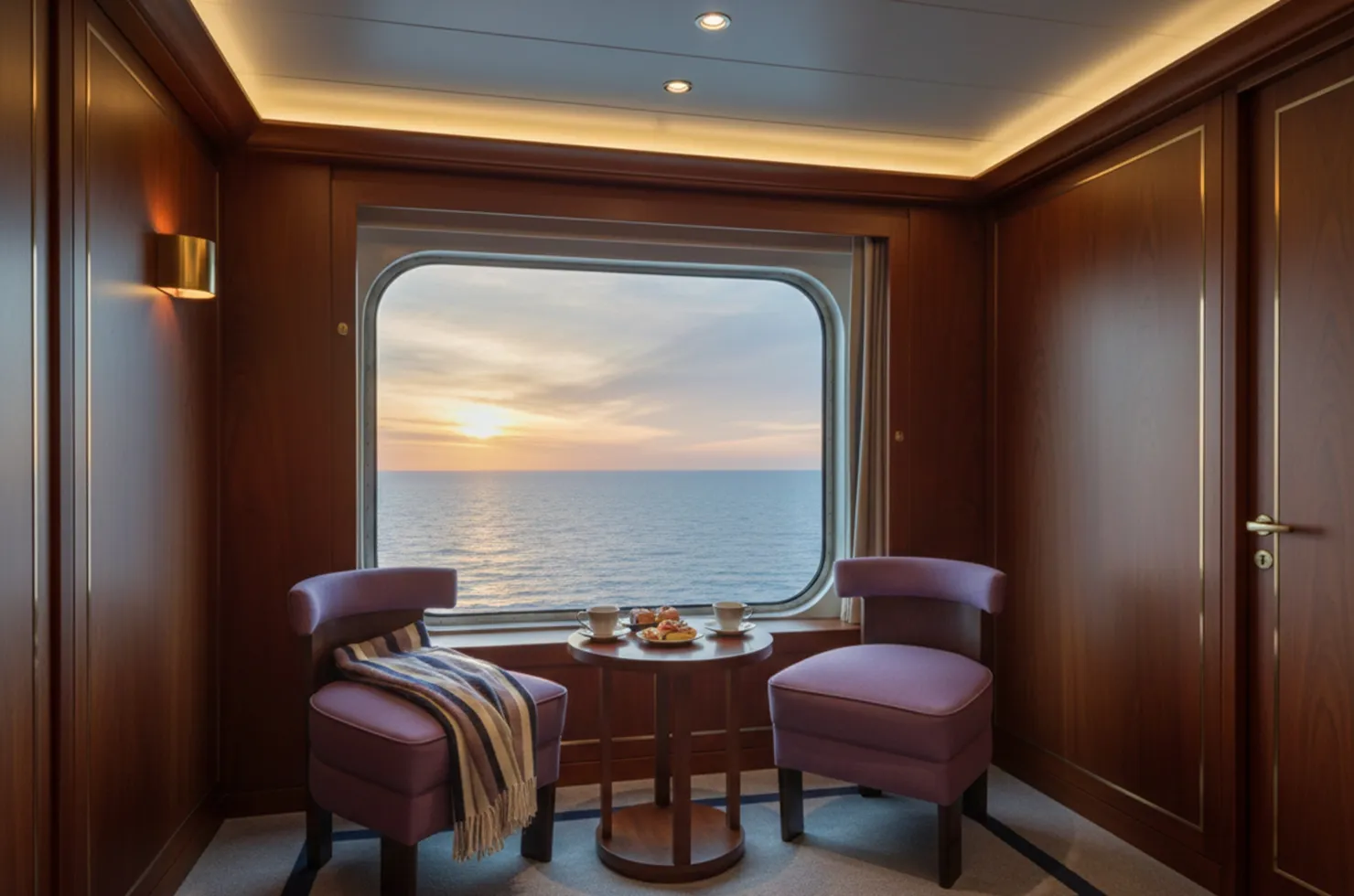 Dos sillones antiguos con un diseño clásico, ubicados junto a una ventana con vista al mar.