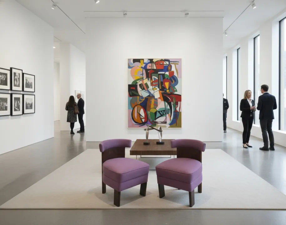 due poltrone antiche viola da restaurare, in una galleria con arte moderna e persone che chiacchierano sullo sfondo.