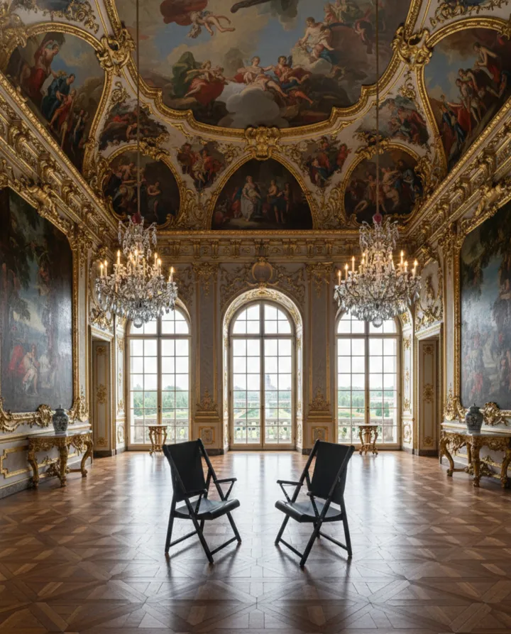 due poltrone antiche da restaurare in una sala elegante con lampadari