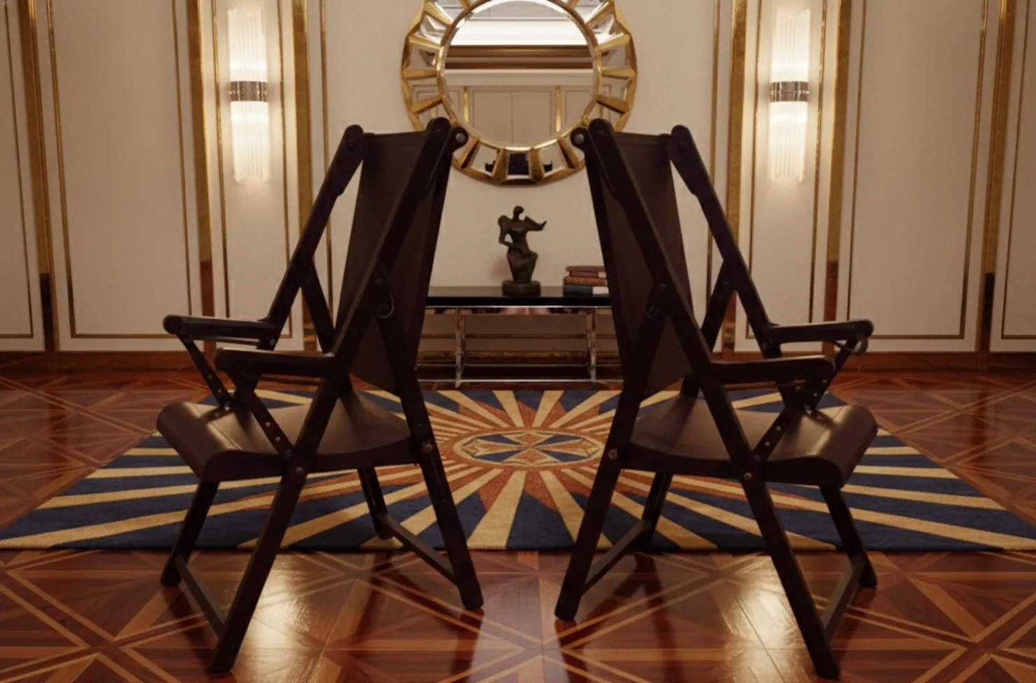 Deux fauteuils anciens dans un cadre élégant avec un miroir.