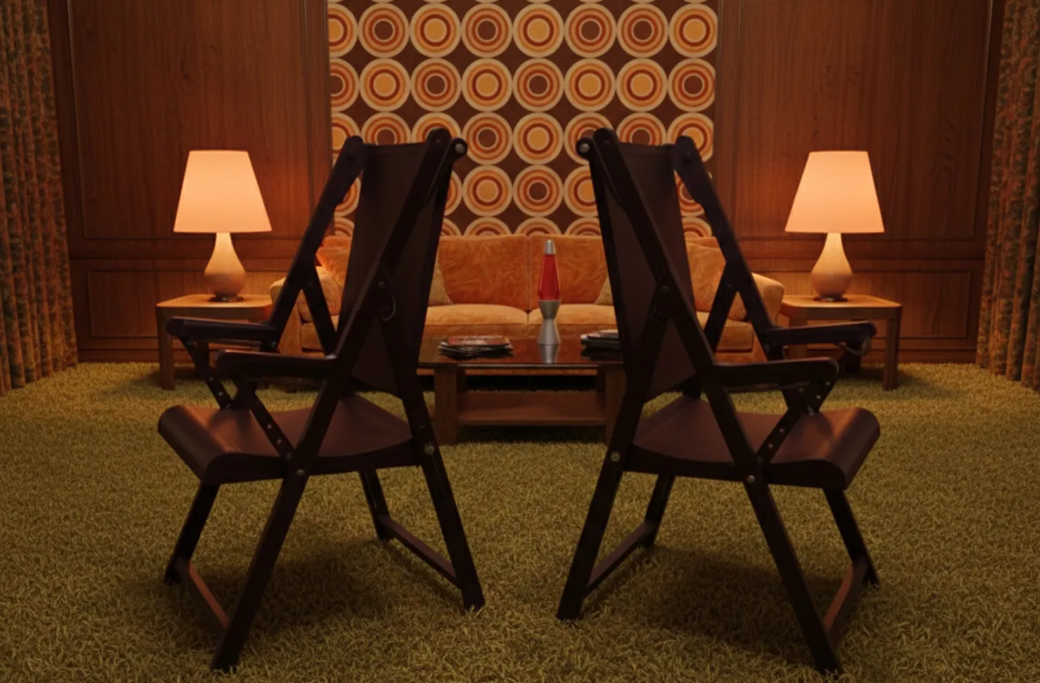 Two antique armchairs in a retro-decorated room, soft lighting.