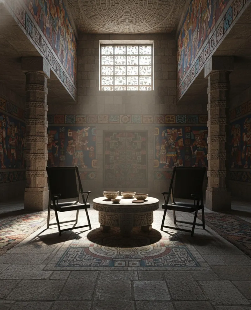 Vue de 2 fauteuils anciens dans un cadre chaleureux avec tables et décoration