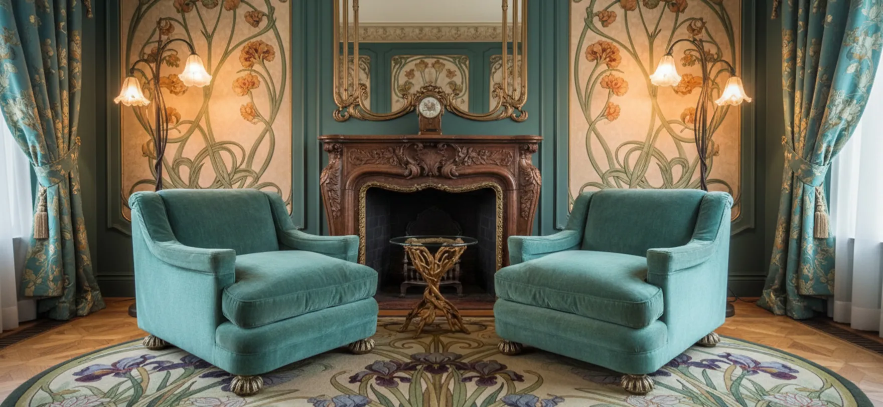 dos sillones antiguos en un ambiente elegante con cortinas y decoración