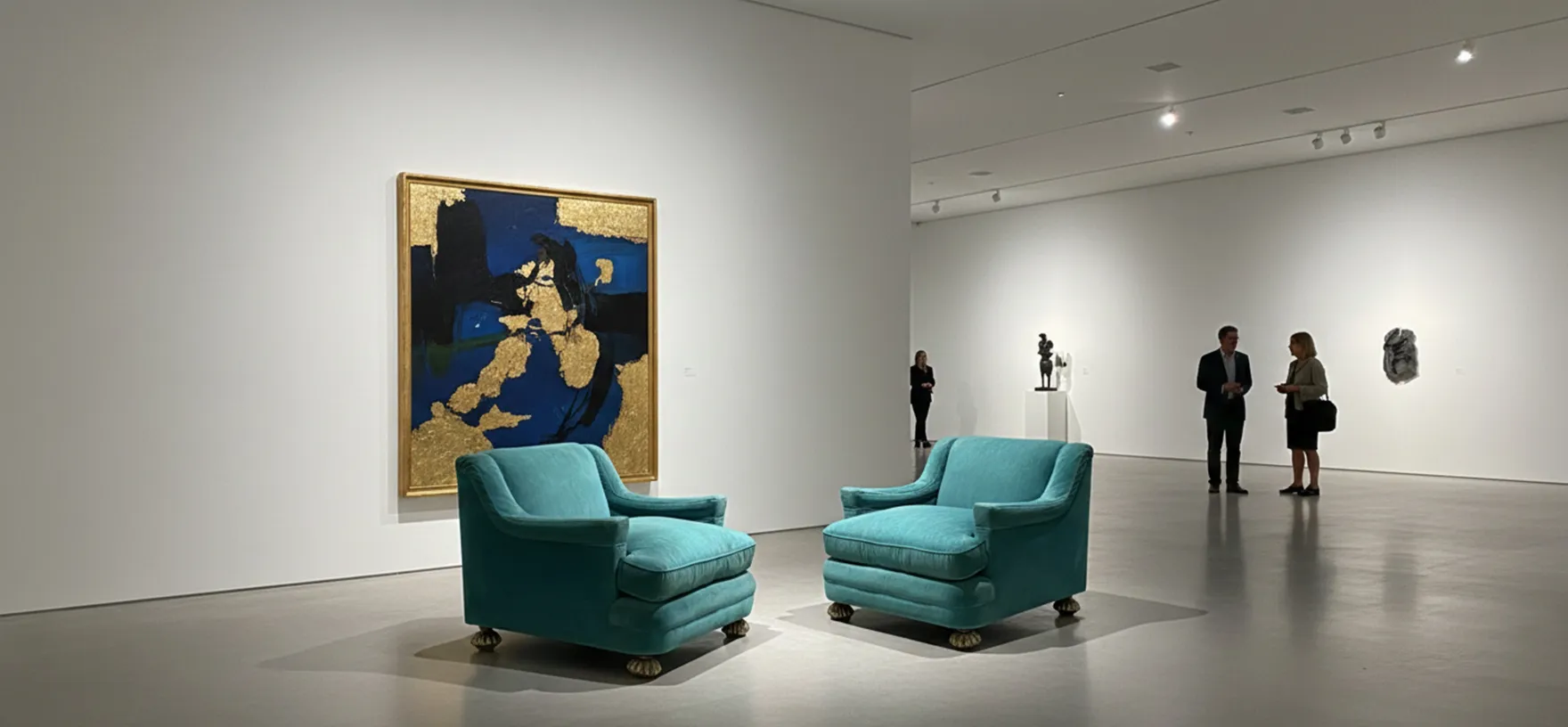 dos sillones antiguos en exhibición con un fondo artístico.