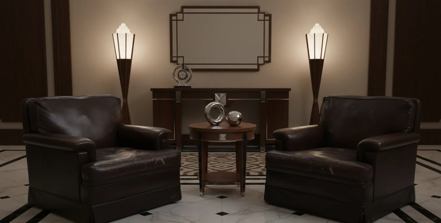 Due poltrone antiche in una stanza elegante con lampade e tavolo