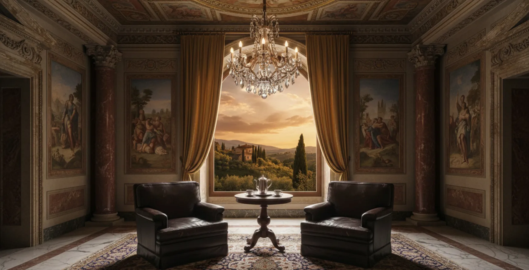 優雅な部屋にある修復が必要な古いアームチェア2脚