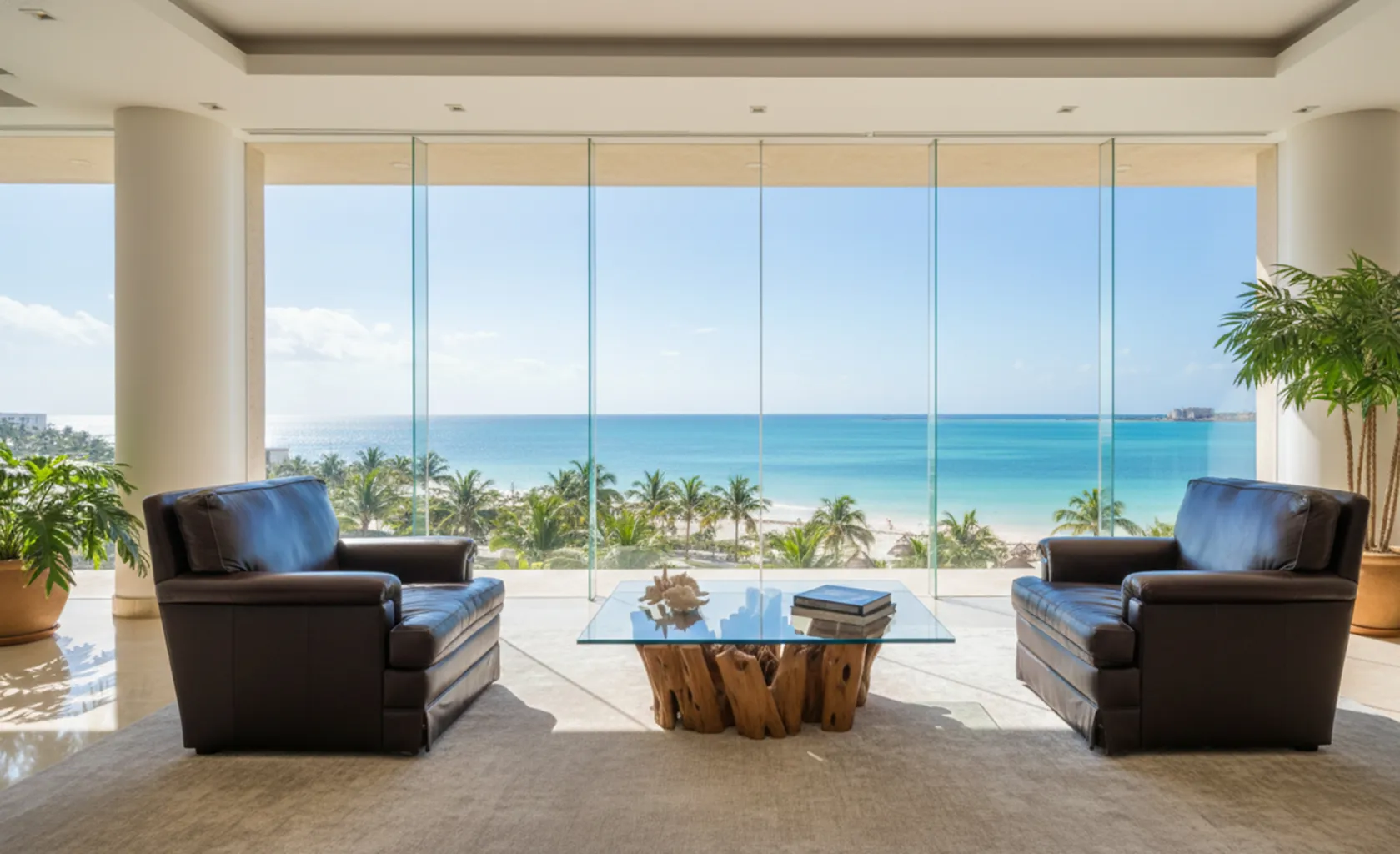 two antique armchairs in a bright setting with ocean view