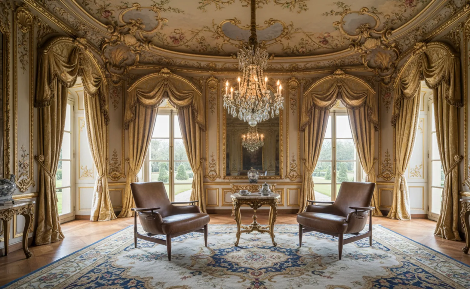 修復が必要な古いアームチェアは、シャンデリアのあるエレガントな部屋にあります。