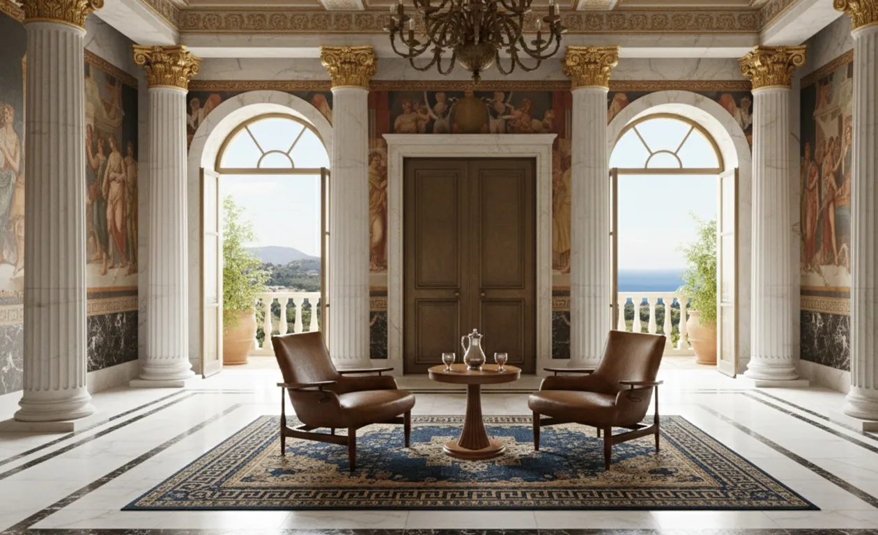 Antike Sessel zum Restaurieren, eleganter Raum mit Säulen und klassischer Dekoration.