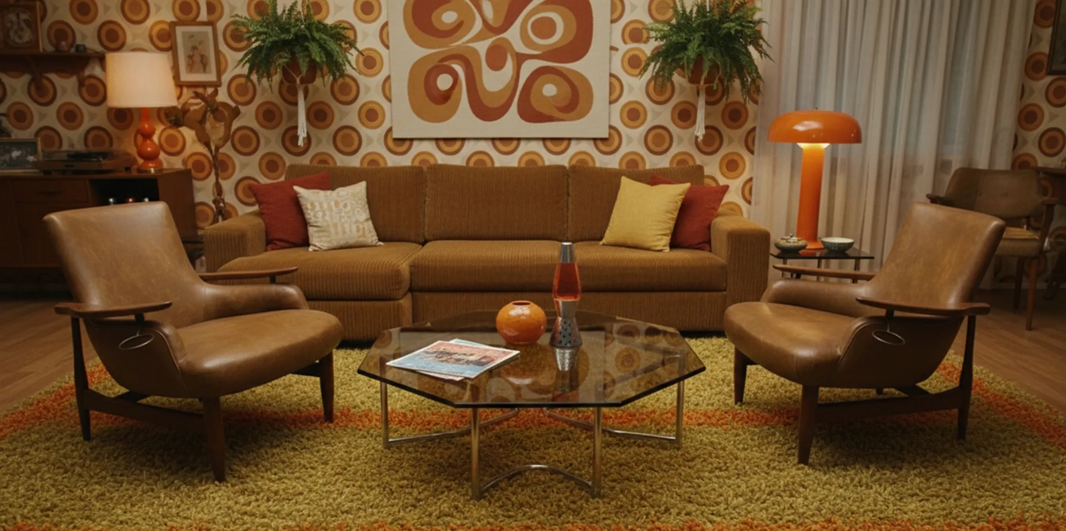 Duas poltronas antigas finn juhl em um espaço decorado retro acolhedor.