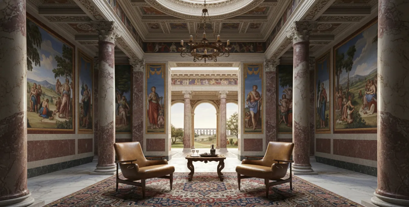Two ancient brown armchairs are situated in an opulent room adorned with frescoed walls.
