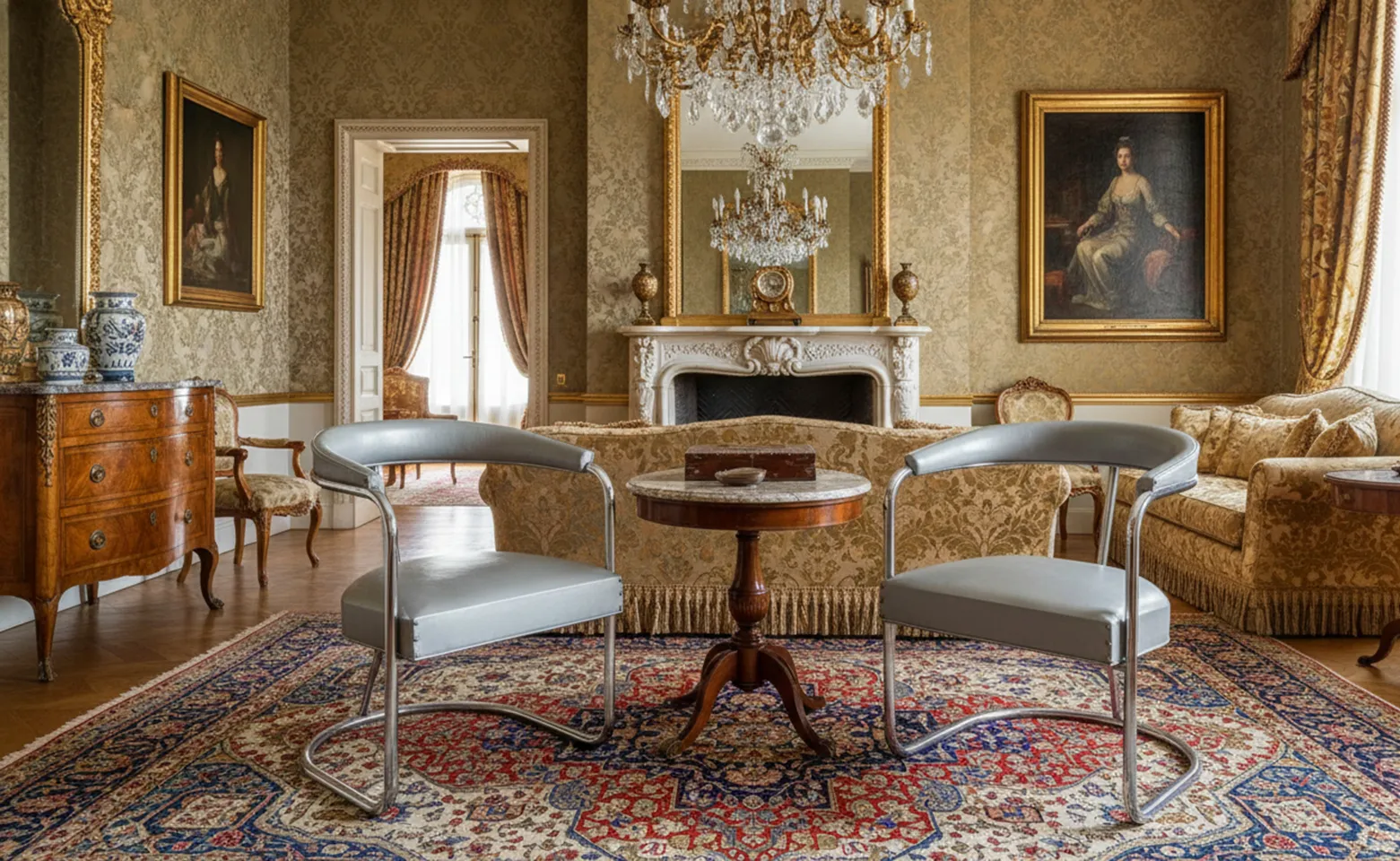 two antique armchairs in a stylish set with decorative details