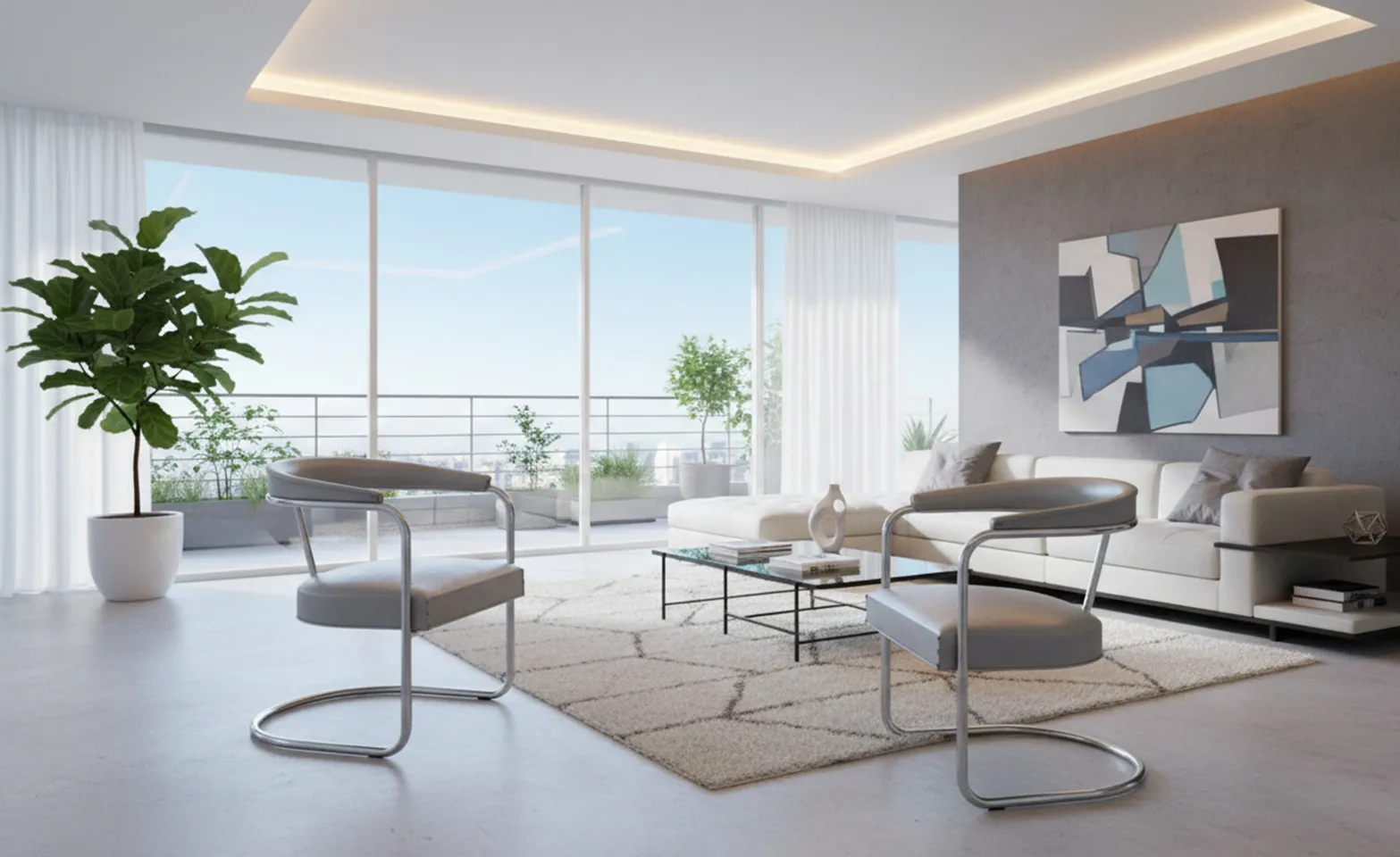 Two antique armchairs in a bright modern setting.