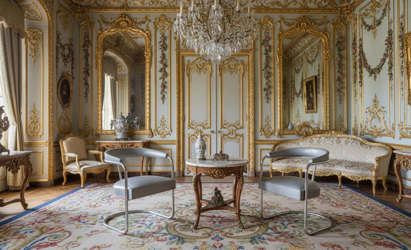 zwei antike Sessel in einem eleganten Salon mit Spiegel und Kronleuchter