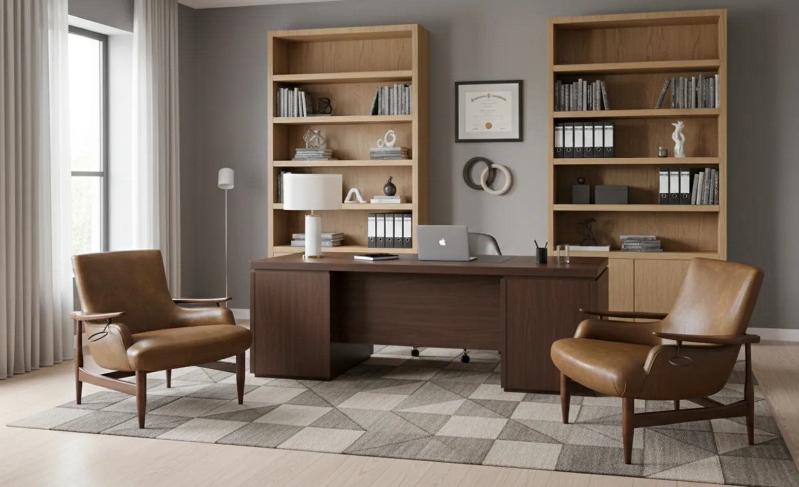 Due poltrone antiche dal design elegante da restaurare in un ambiente d'ufficio moderno.