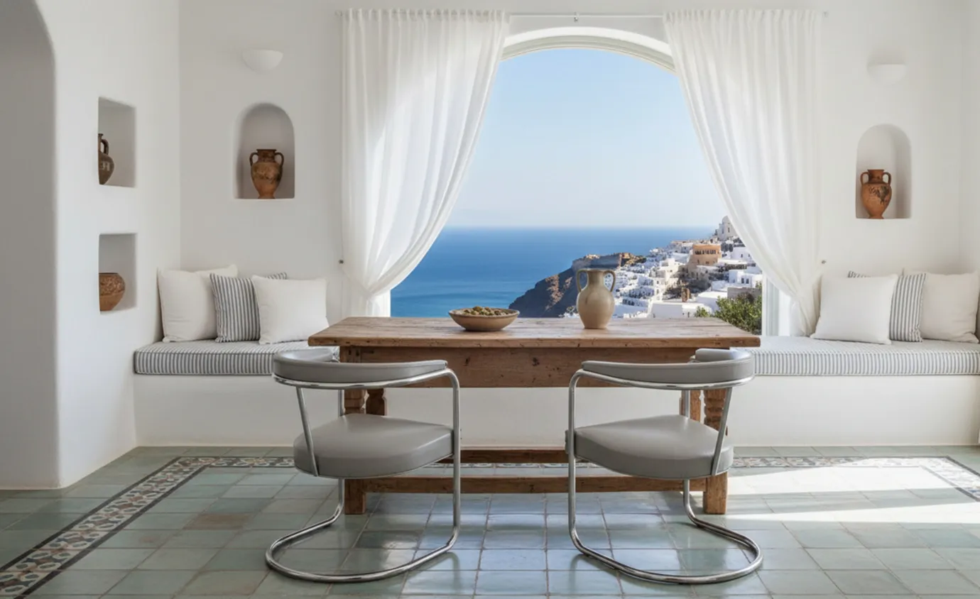 Poltronas antigas precisando de restauro em um ambiente acolhedor próximo a uma janela com vista para o mar.