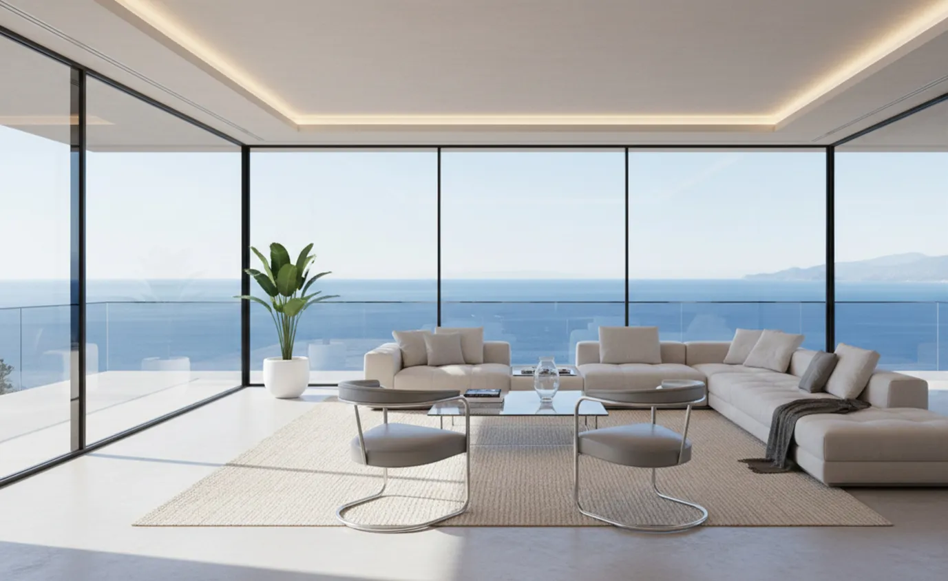 Duas poltronas antigas em uma sala iluminada com vista para o oceano