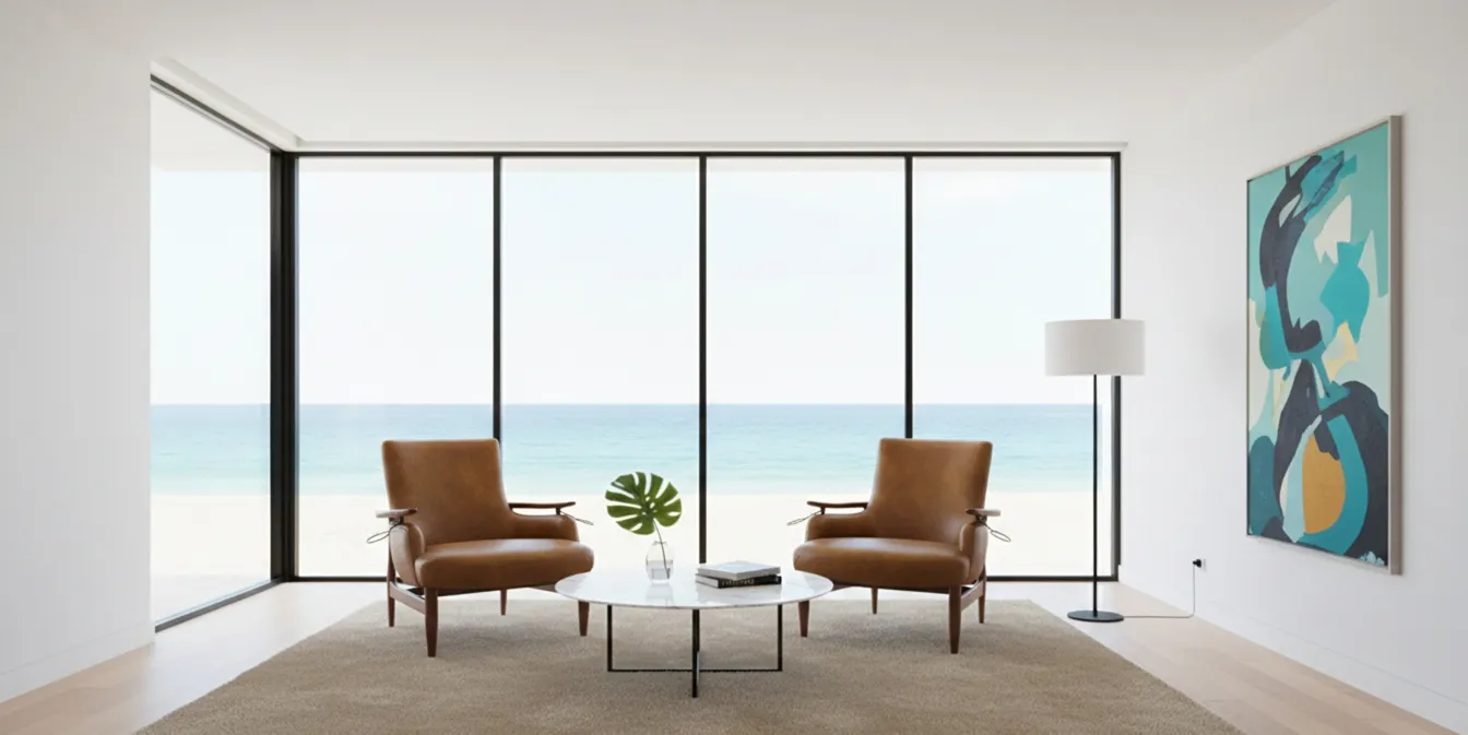Duas poltronas antigas com um design elegante em um ambiente moderno ao lado de uma janela com vista para o mar.