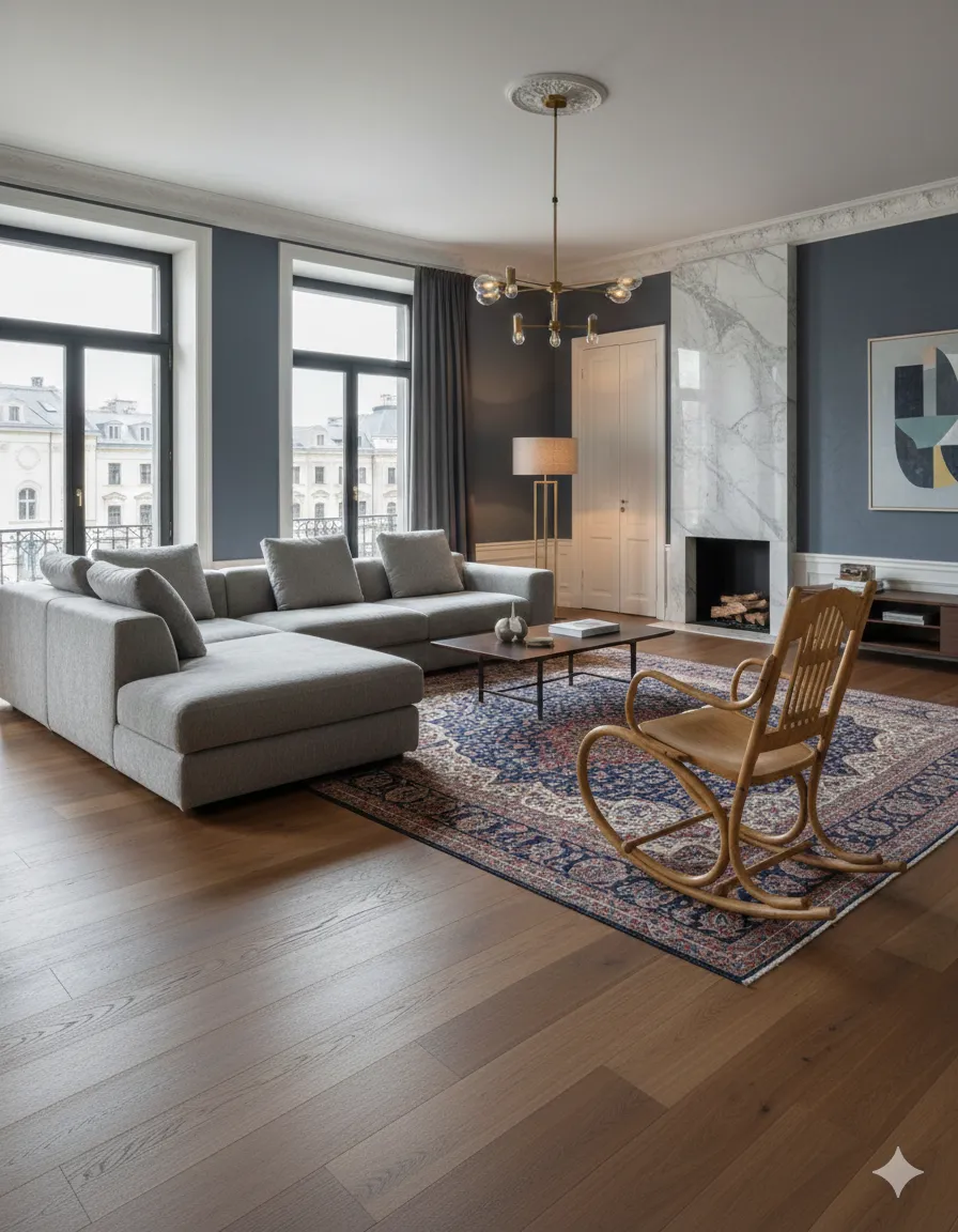 sillón hamaca antiguo en una sala de estar moderna