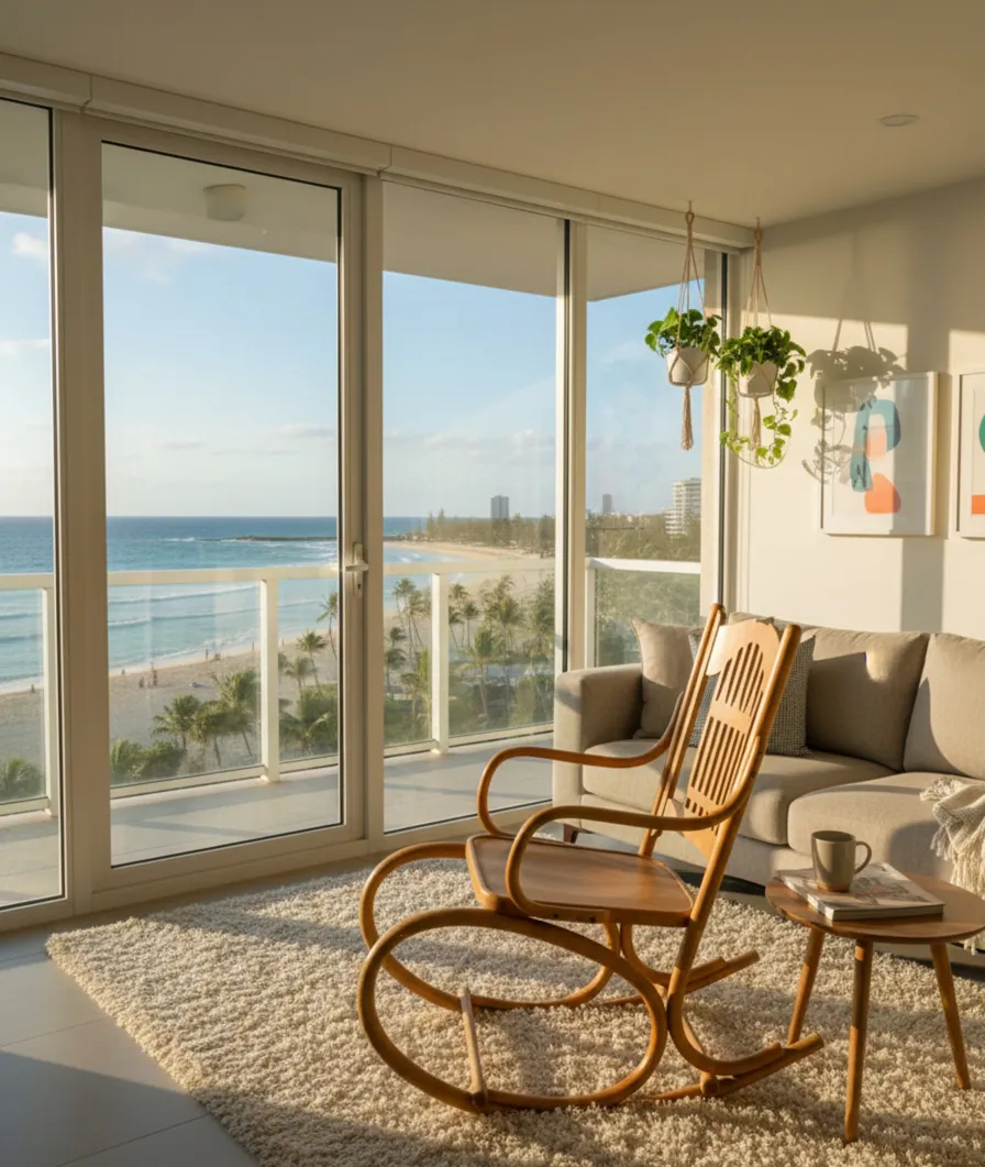 cadeira de rede antiga na sala com vista para o mar