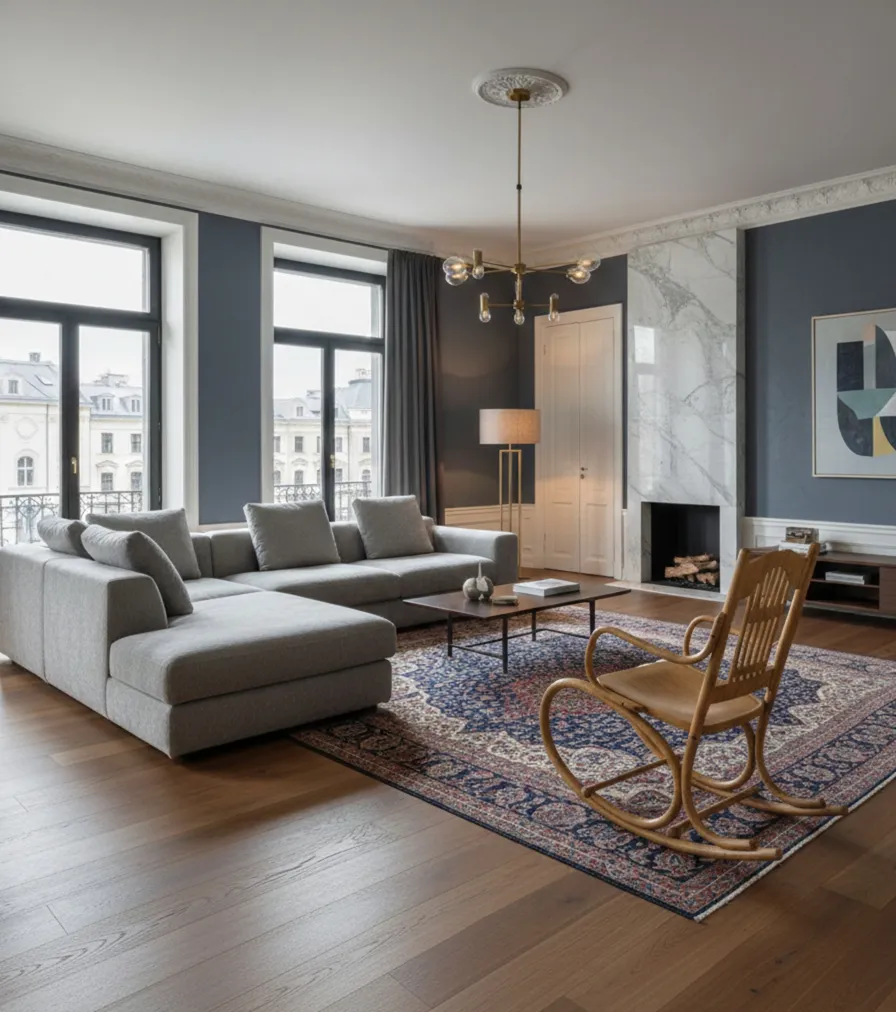 Antiker Hängemattenstuhl Lorenz Thonet in modernem Wohnzimmer