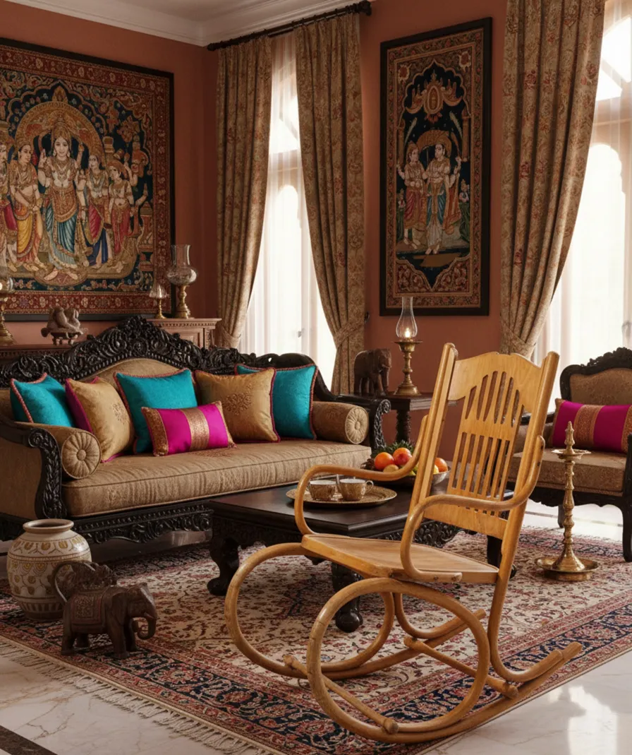 Sedia amaca antica di Lorenz Thonet in una stanza decorata.