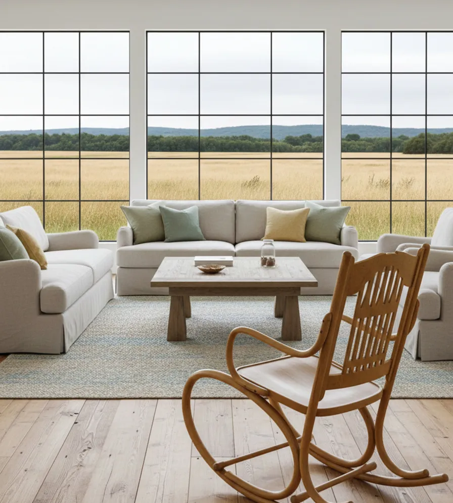 Antiker Hängemattenstuhl mit elegantem Design, in einem gemütlichen Ambiente mit Blick auf ein Feld.