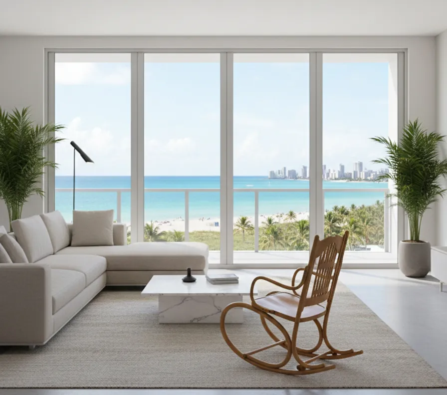 Antique hammock chair by Lorenz Thonet overlooking the sea.