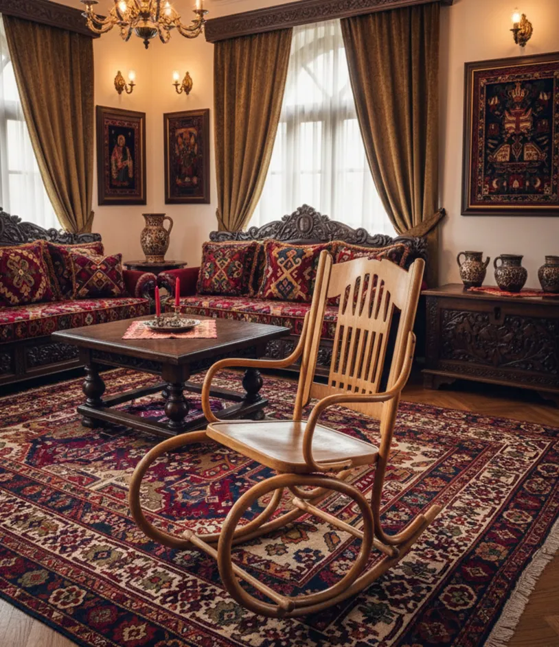 Sedia amaca antica Lorenz Thonet in una stanza elegantemente decorata.