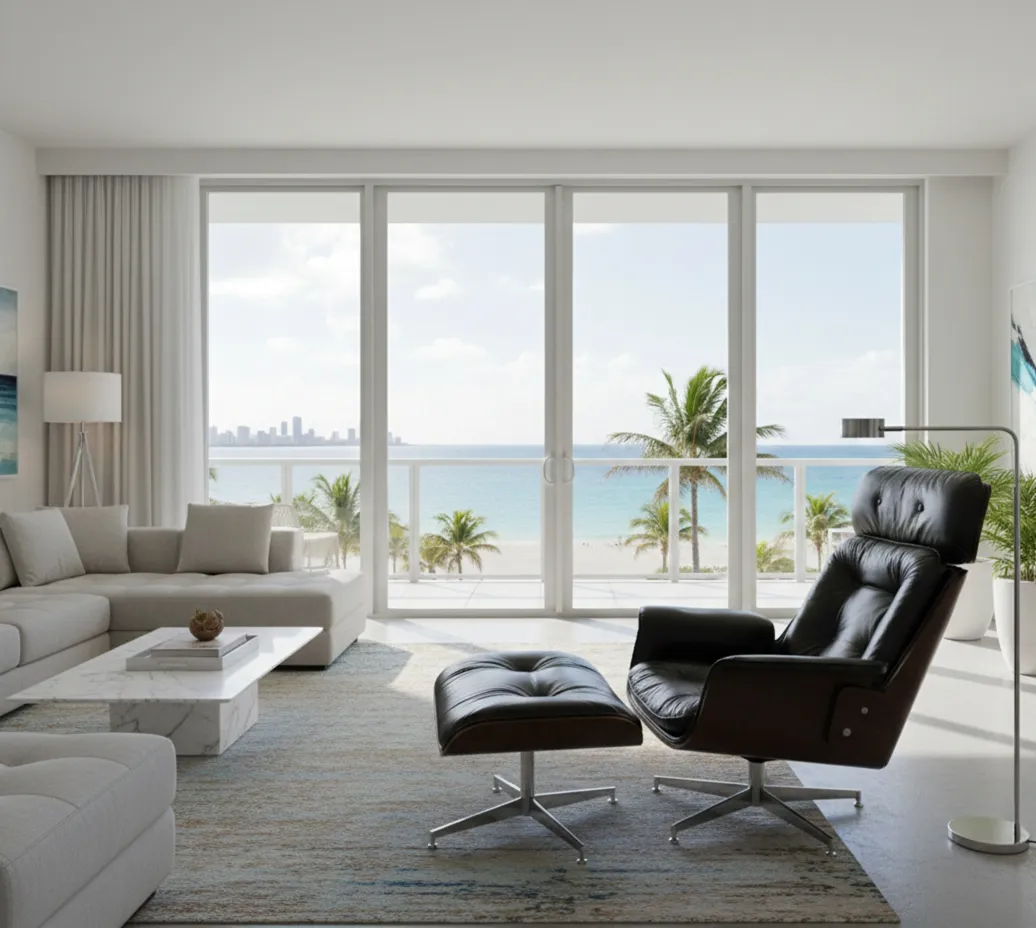 Poltrona antiga para ser restaurada em um ambiente claro à beira-mar.