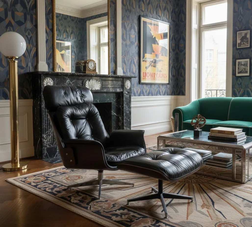 Fauteuil ancien Herman Miller dans un élégant salon vintage.