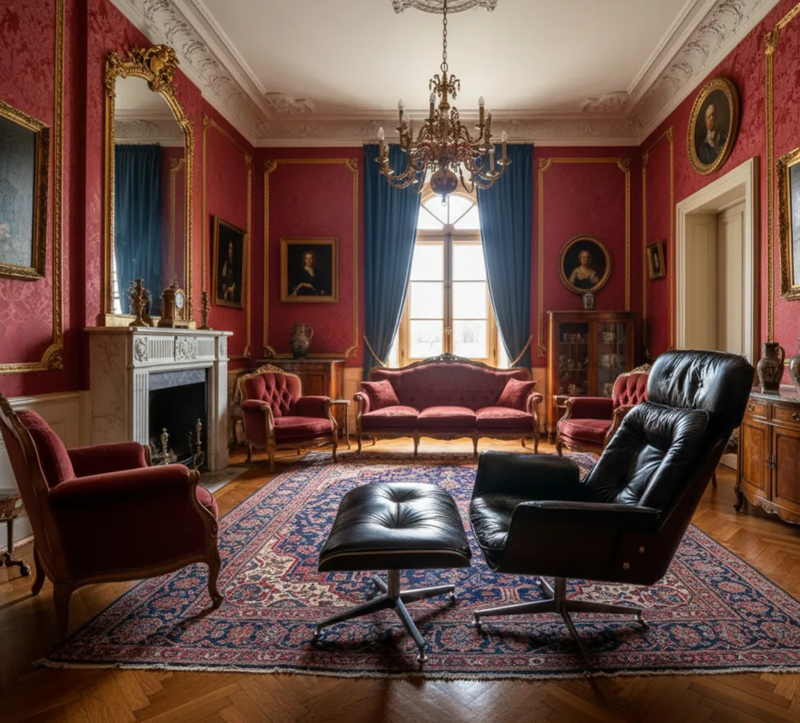 Sillón antiguo para restaurar en habitación elegante con decoración roja.