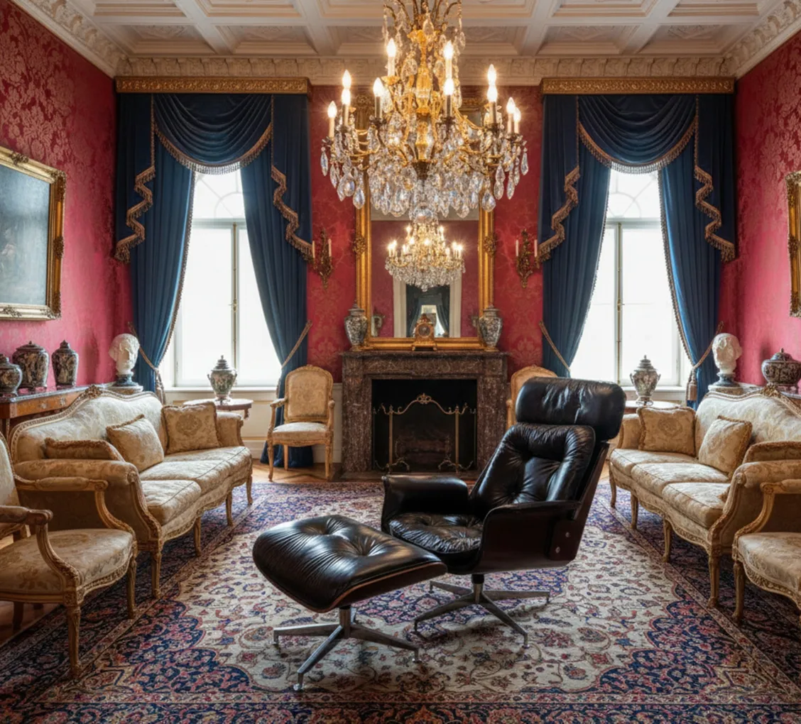 black antique armchair by Herman Miller in an opulent room