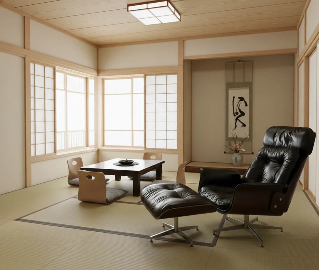 Sillón antiguo para restaurar en un ambiente minimalista japonés.
