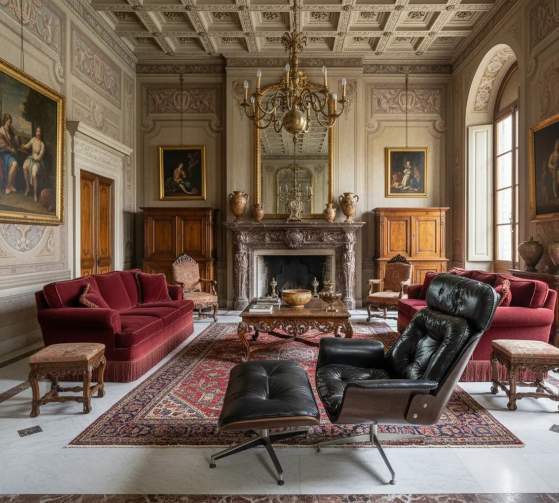 Uma poltrona antiga de Herman Miller que precisa de restauração em um ambiente elegante.