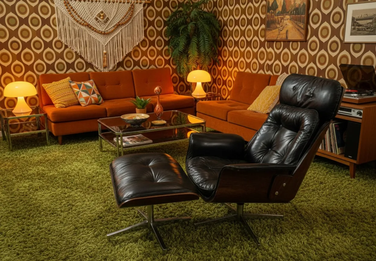 Sillón negro de Herman Miller con otoman, en un ambiente vintage, decoración retro.