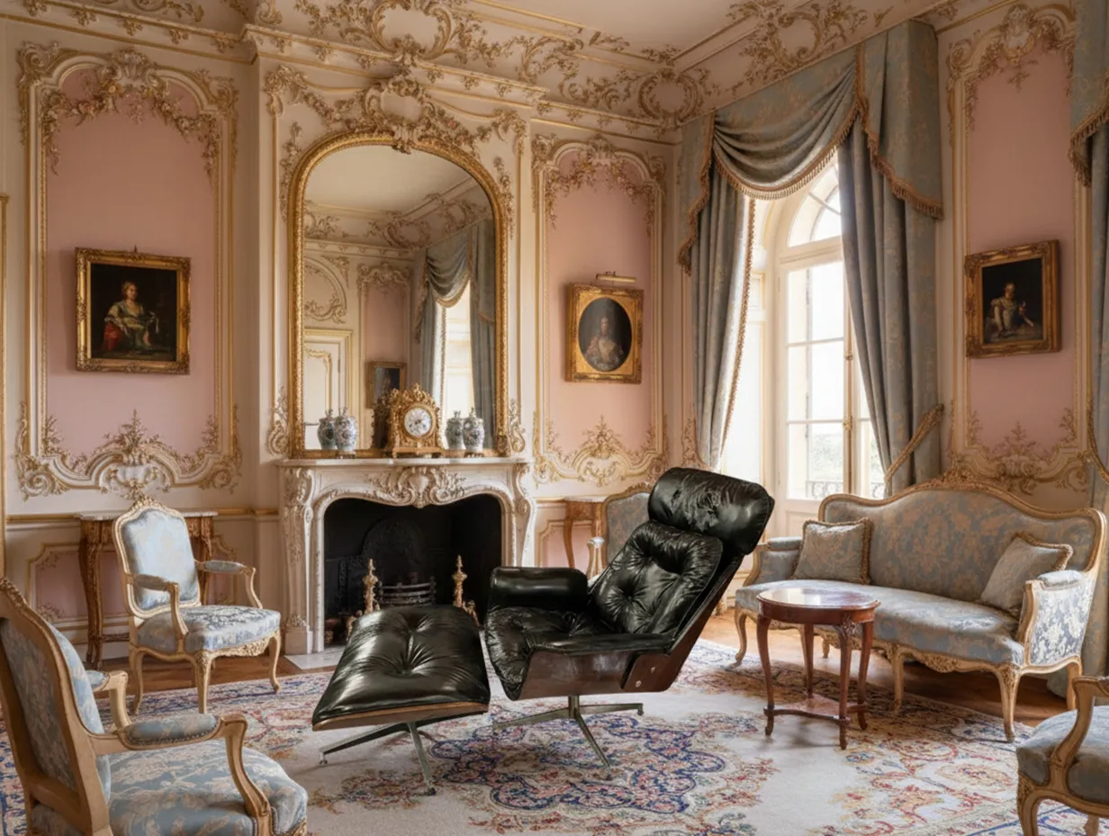 Poltrona antica da restaurare in una sala elegante con decorazioni ornate.