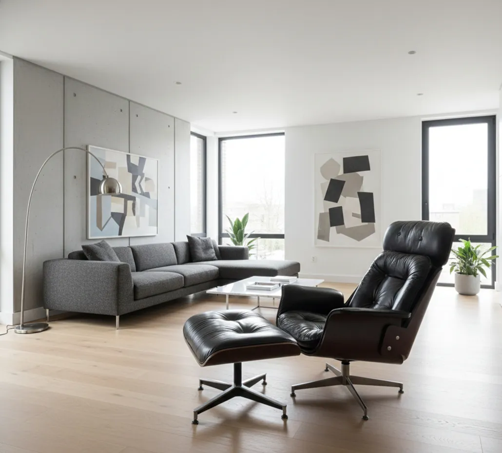 Antikes Herman Miller Sessel, der restauriert werden muss, in einem hellen modernen Raum.