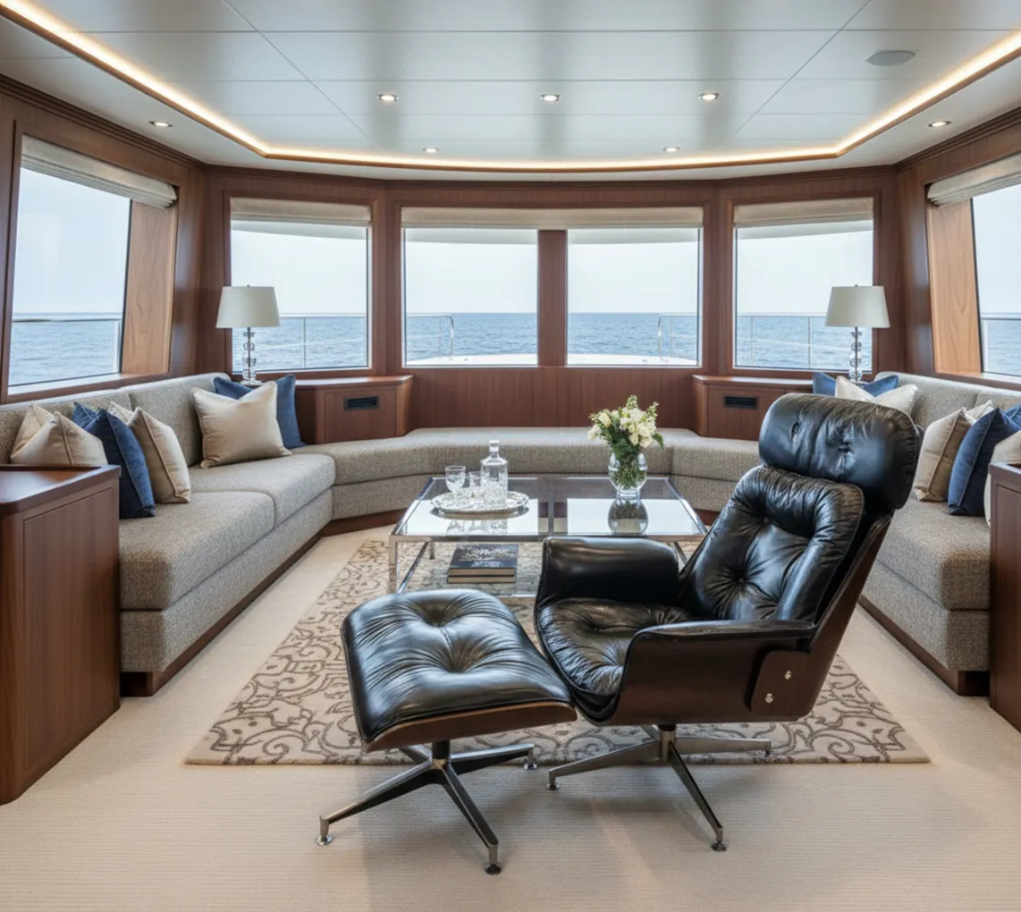 Antique Herman Miller armchair needing restoration, set in a bright space next to a sofa.