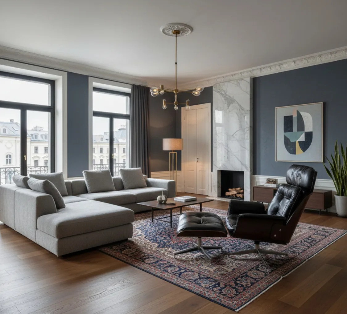 Antiker Sessel von Herman Miller zur Restaurierung, in einem stilvollen Wohnzimmer.