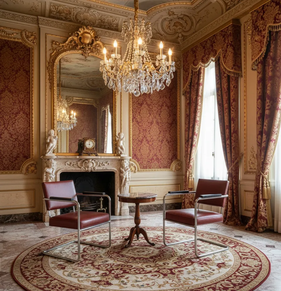 dos sillones antiguos en un ambiente elegante con candelabro