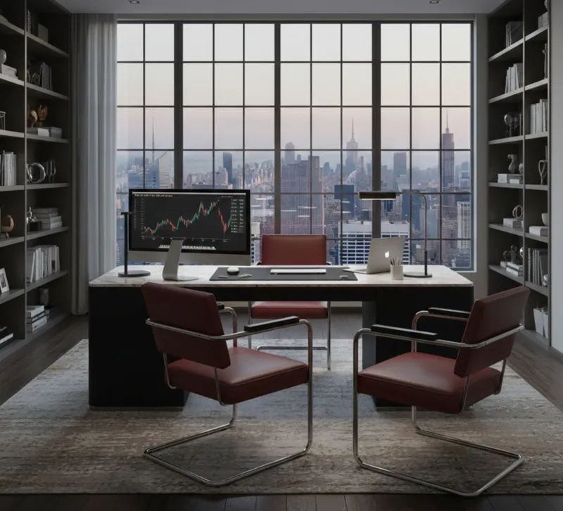 दो पुरानी आर्मचेयर एक आधुनिक ऑफिस में