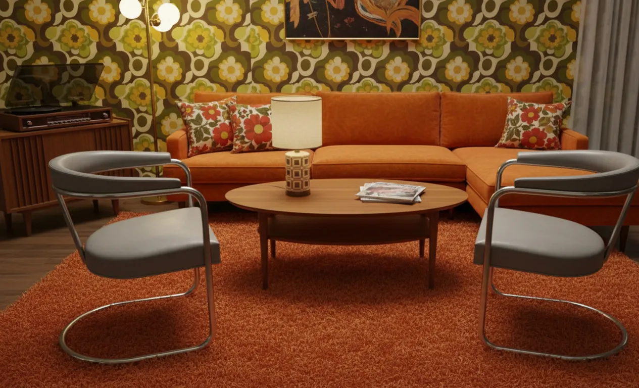 Two antique armchairs in a retro environment with an oval table and a lamp.