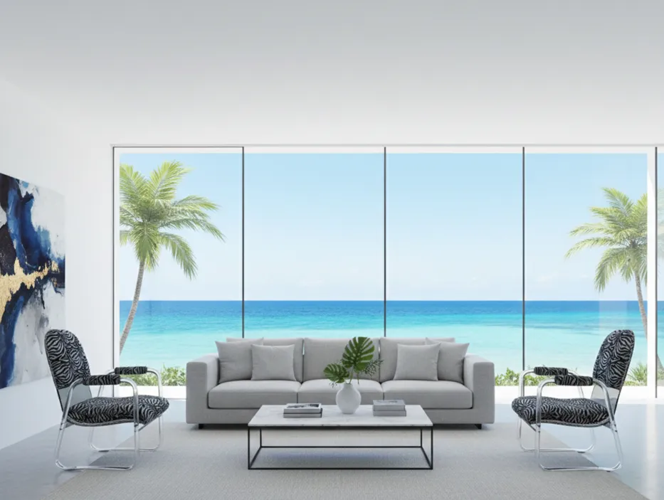 two antique Art Deco armchairs in a modern room with ocean view