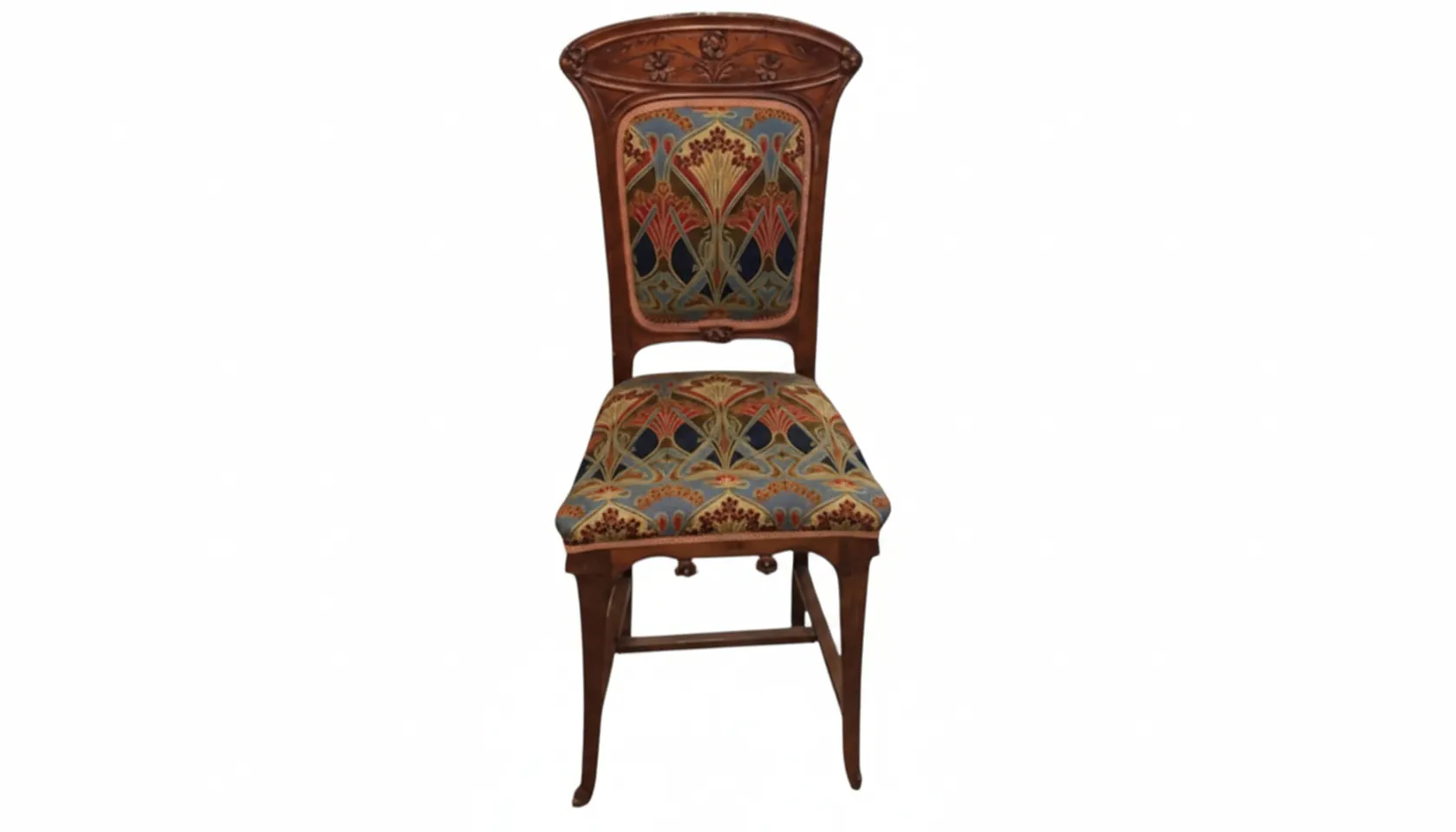 antique chair with colorful pattern and ornate carvings