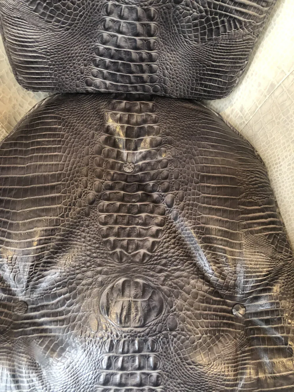 Fauteuil ancien avec design en crocodile, élégant et distinctif.