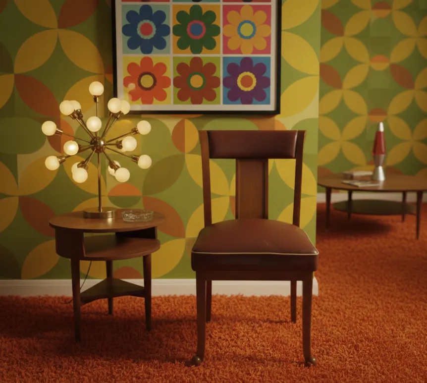 brown antique chair in a retro floral setting