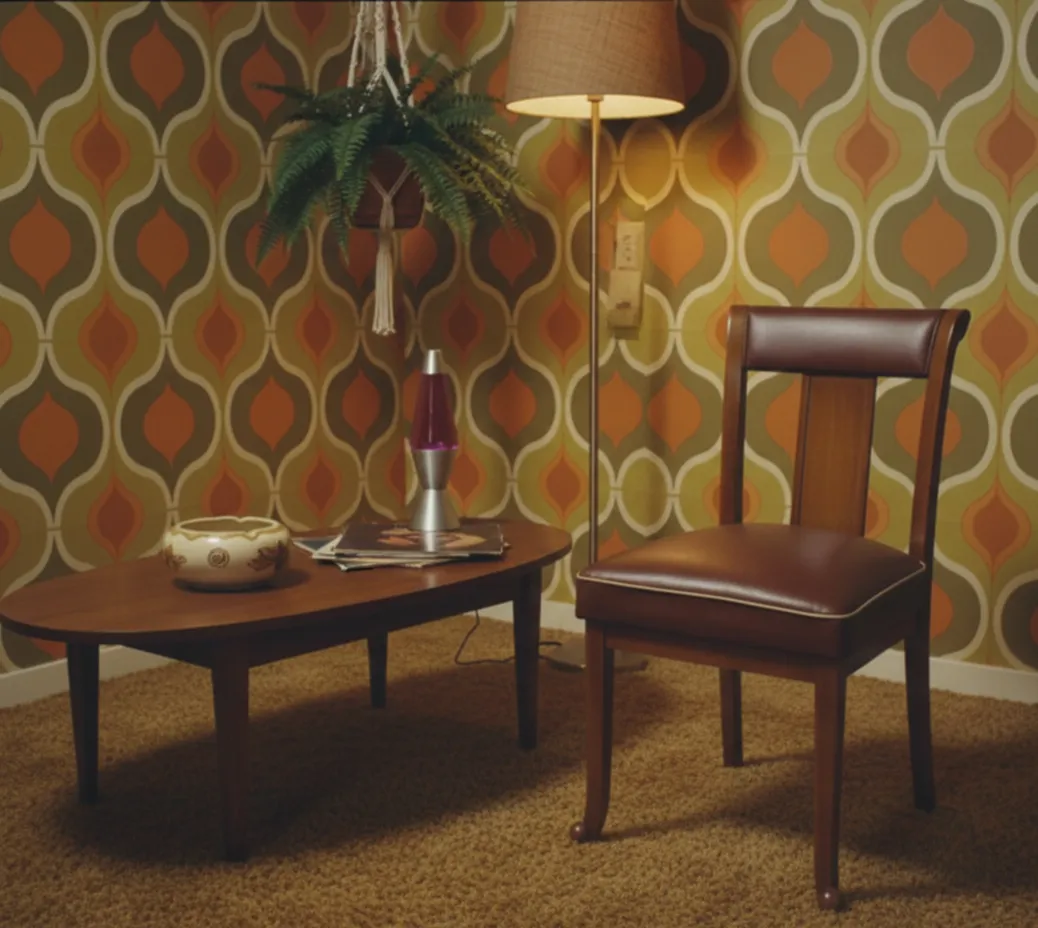 Una silla antigua en una habitación con decoracion retro